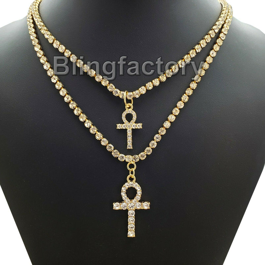 Iced Out Double Ankh Cross Pendant w/ 3mm 16" & 18" 1 Row Tennis Chain Necklace