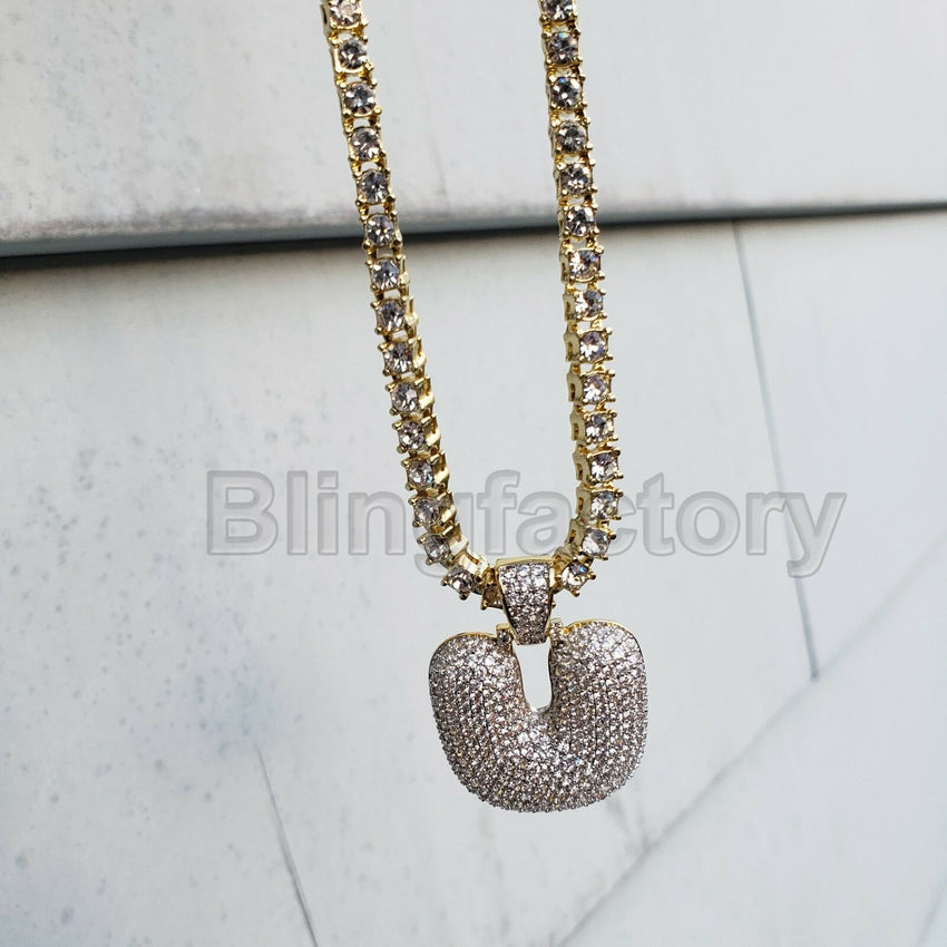 Hip Hop Iced Brass Bubble Letter "U" & 18" 1 Row Tennis Choker Chain Necklace