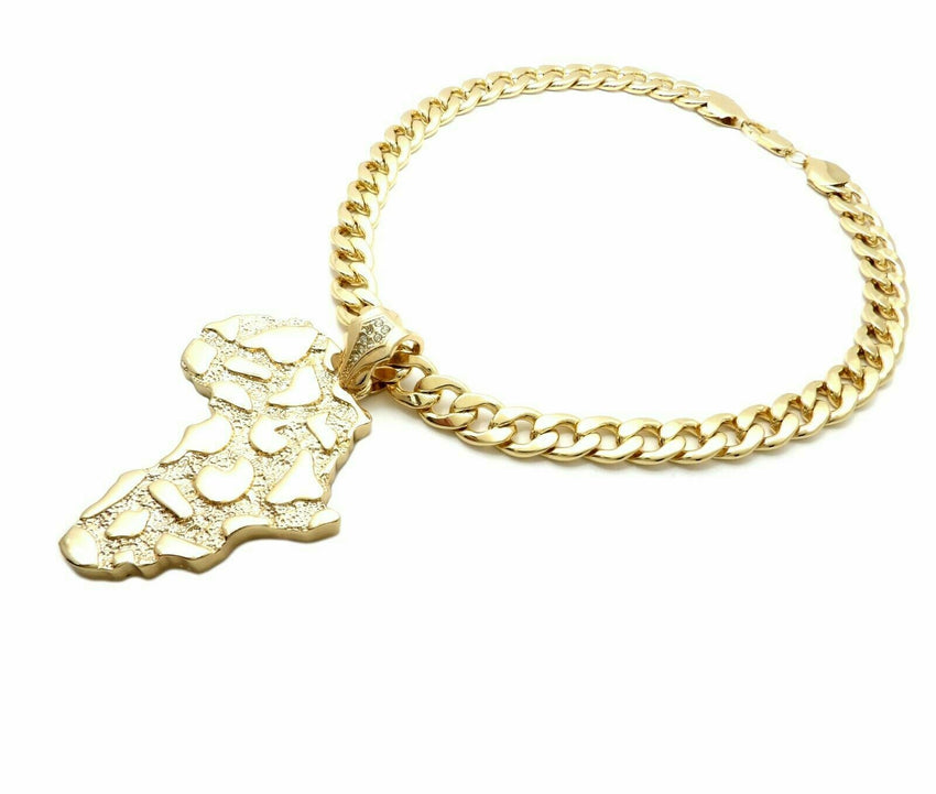 Hip Hop Golden Nugget Africa Map Pendant & 11mm 20" Cuban Choker Chain Necklace