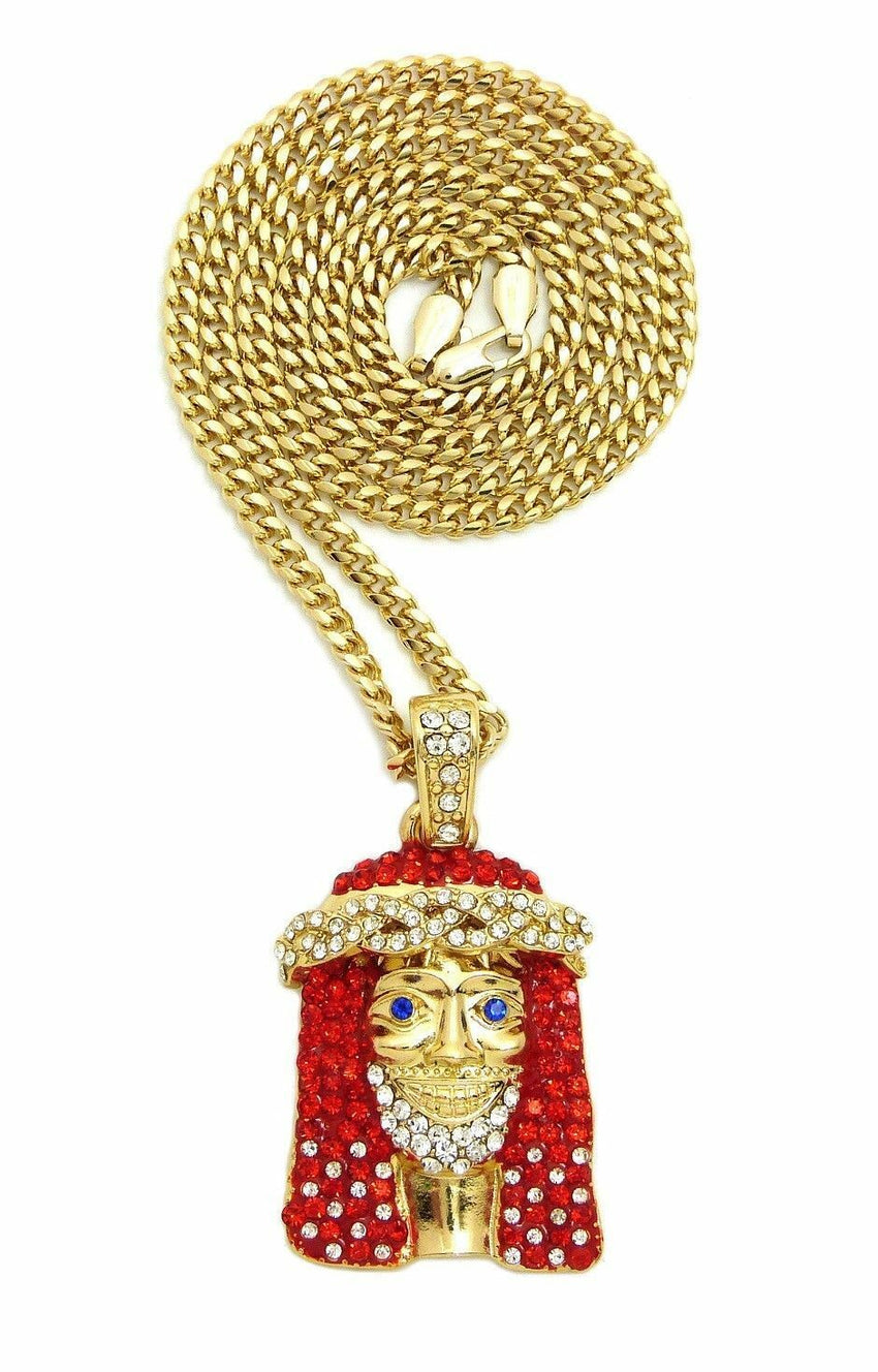 ICED OUT Lil Yachty RED JESUS FACE SMALL PENDANT & 24" CHAIN HIP HOP NECKLACE