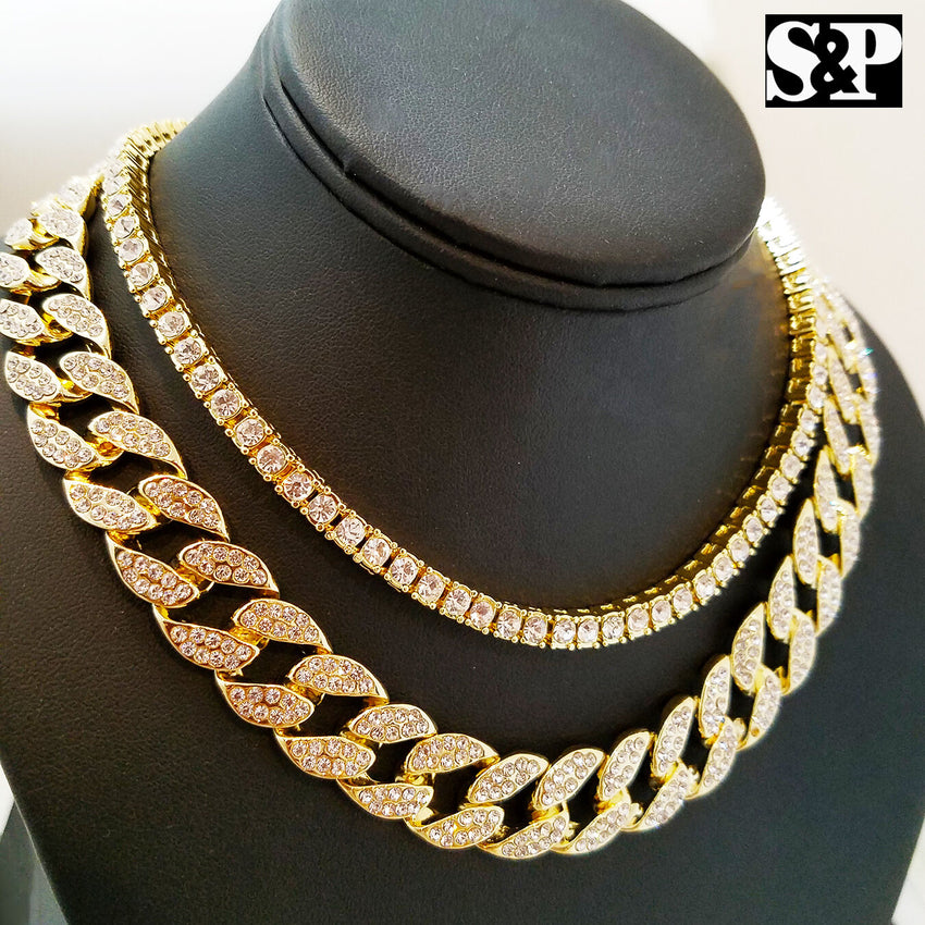 Hip Hop Quavo Choker 16" Full Iced Cuban & 1 ROW DIAMOND CHAIN & "P" Necklace