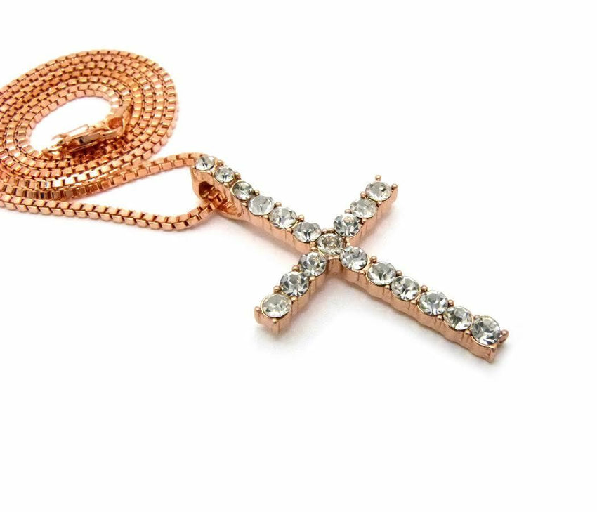 NEW ICED OUT ROSE GOLD PLATED CZ CROSS PENDANT & 24" BOX CHAIN NECKLACE