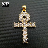 HIP HOP BLING ICED OUT LAB DIAMOND 14K GOLD PLATED ANKH CROSS PENDANT