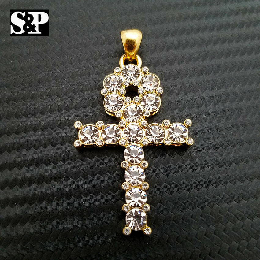 HIP HOP BLING ICED OUT LAB DIAMOND 14K GOLD PLATED ANKH CROSS PENDANT