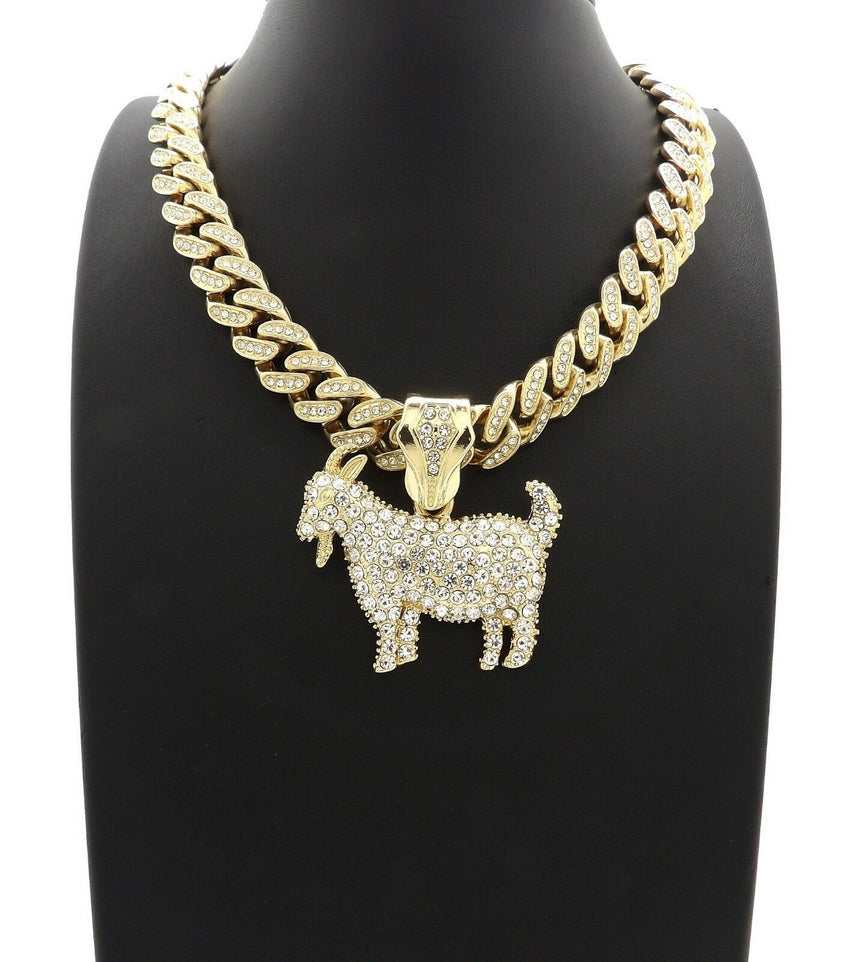 Hip Hop GOAT Pendant & 12mm 18" Iced out Box Lock Cuban Choker Chain Necklace