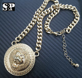 Hip Hop Gold Plated 16" Full Iced Cuban & Lion Face pendant Choker Chain Necklace Set