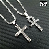 Hip Hop White Gold PT Ankh Cross & Cross Pendant, 24" Rope Chain 2 Necklace Set