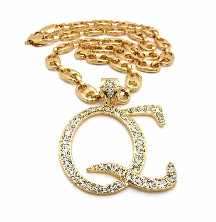 New Iced Out Gold plated 'QC' Pendant & 12mm 30" Marina Chain Hip Hop Necklace