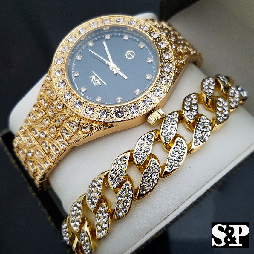 MEN'S HIP HOP QUAVO FULL ICED LAB DIAMOND WATCH & CUBAN BRACELET COMBO SET