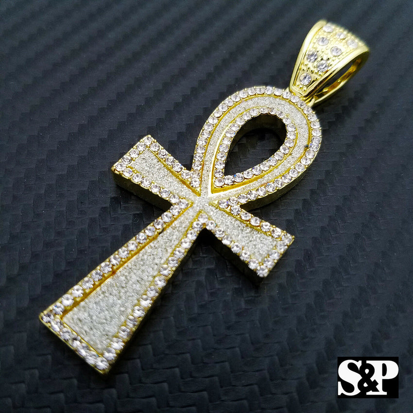 Hip Hop Ankh Cross Pendant & 18" Full Iced 1 ROW DIAMOND Tennis Choker Chain Necklace