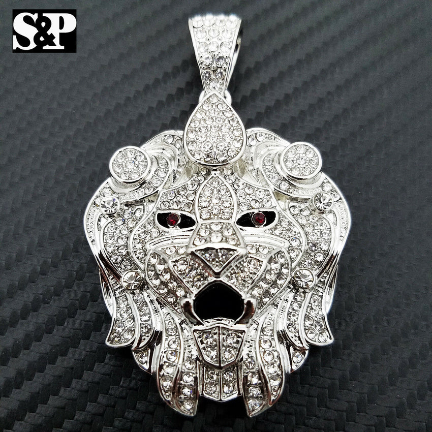 HIP HOP ICED OUT LAB DIAMOND WHITE GOLD PLATED BLING LARGE LION HEAD PENDANT