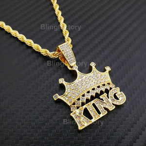 Hip Hop Iced Lab Diamond CROWNED KING Pendant & 4mm 24