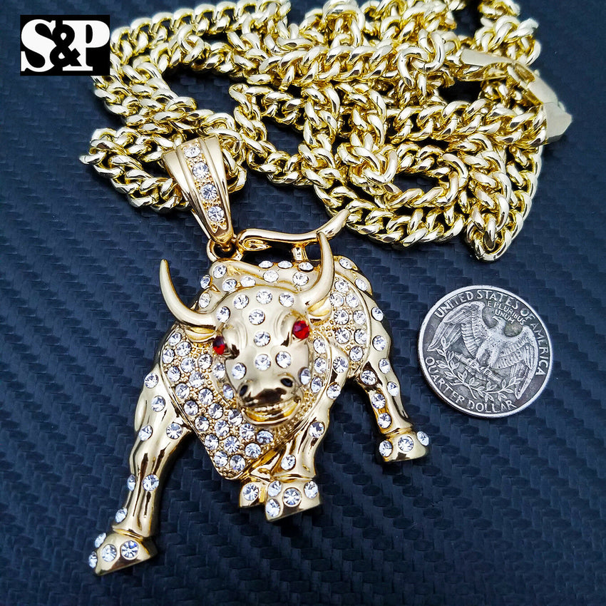 Iced Out Gold Plated Big Bulls Pendant & 6mm 30" Cuban Chain Hip Hop Necklace