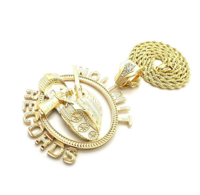 HIP HOP ICED OUT GOLD PT NOLIMIT RECORDS PENDANT & 4mm 24" ROPE CHAIN NECKLACE