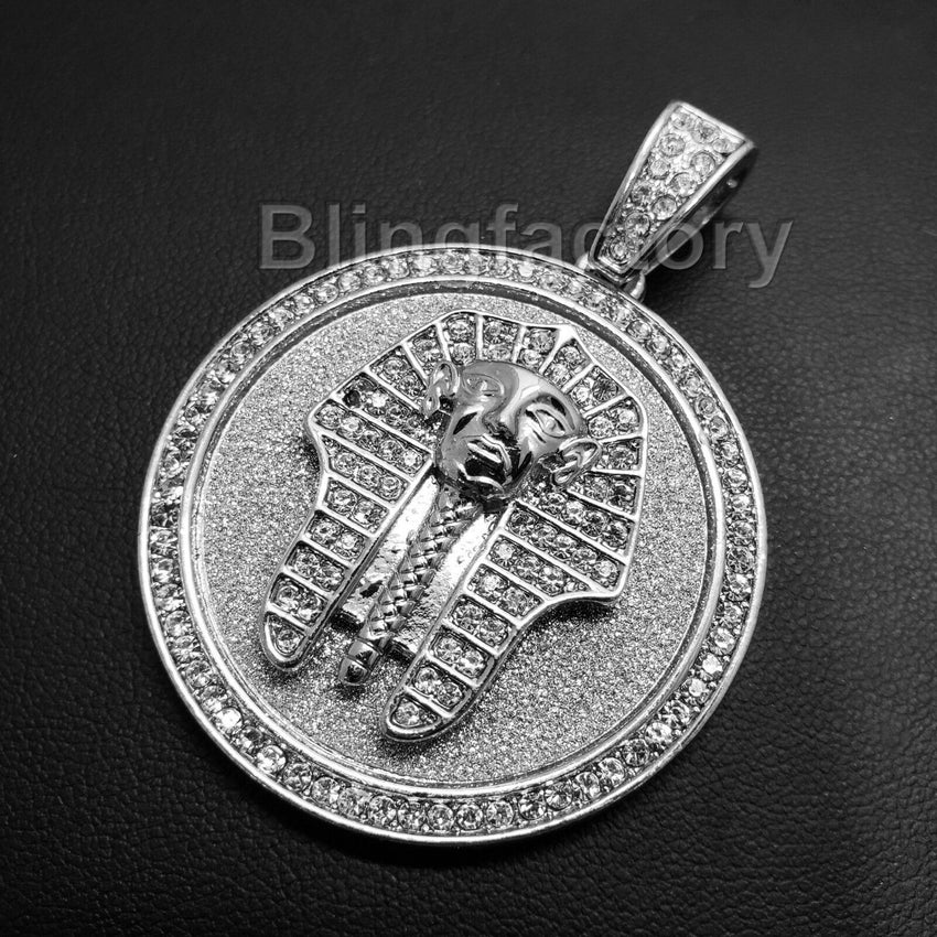 HIP HOP ICED OUT LAB DIAMOND SILVER PLATED EGYPTIAN PHARAOH MEDALLION PENDANT