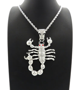 HIP HOP ICED OUT SILVER PLATED SCORPION PENDANT & 4mm 24