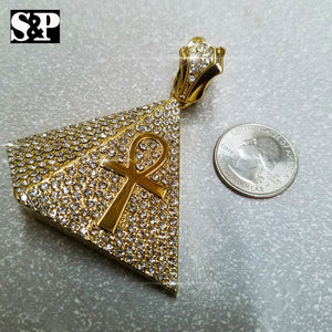 HIP HOP RAPPER'S ICED OUT GOLD PLATED EGYPTIAN ANKH CROSS PYRAMID PENDANT