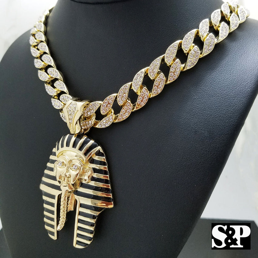 Hip Hop Pharaoh Pendant w/ 16" Full Iced Cuban & 1 ROW DIAMOND Choker Chain Set