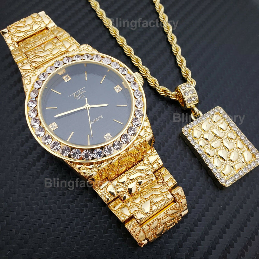 ICED OUT HIP HOP GOLD PT URBAN STYLE GOLDEN NUGGET WATCH & NECKLACE COMBO SET