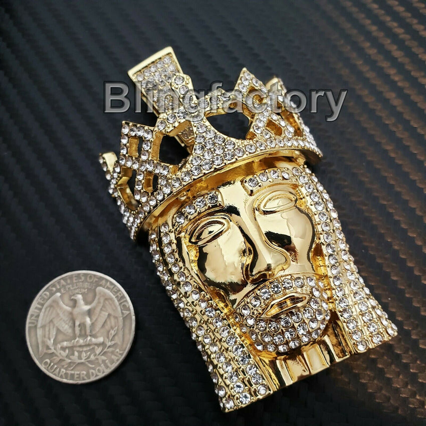 HIP HOP ICED OUT 14K GOLD PLATED BLING LAB DIAMOND LARGE KING JESUS HEAD PENDANT