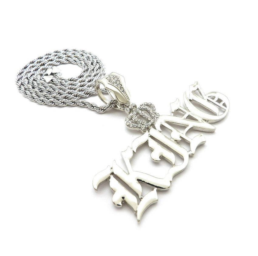 HIP HOP ICED OUT SILVER PT CROWNED KING PENDANT & 4mm 24" ROPE CHAIN NECKLACE