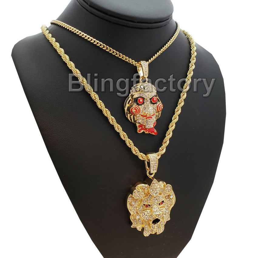 Iced out Saw Inspired & Lion Head Pendant & 24" 30" Rope, Cuban Chain Necklace Set