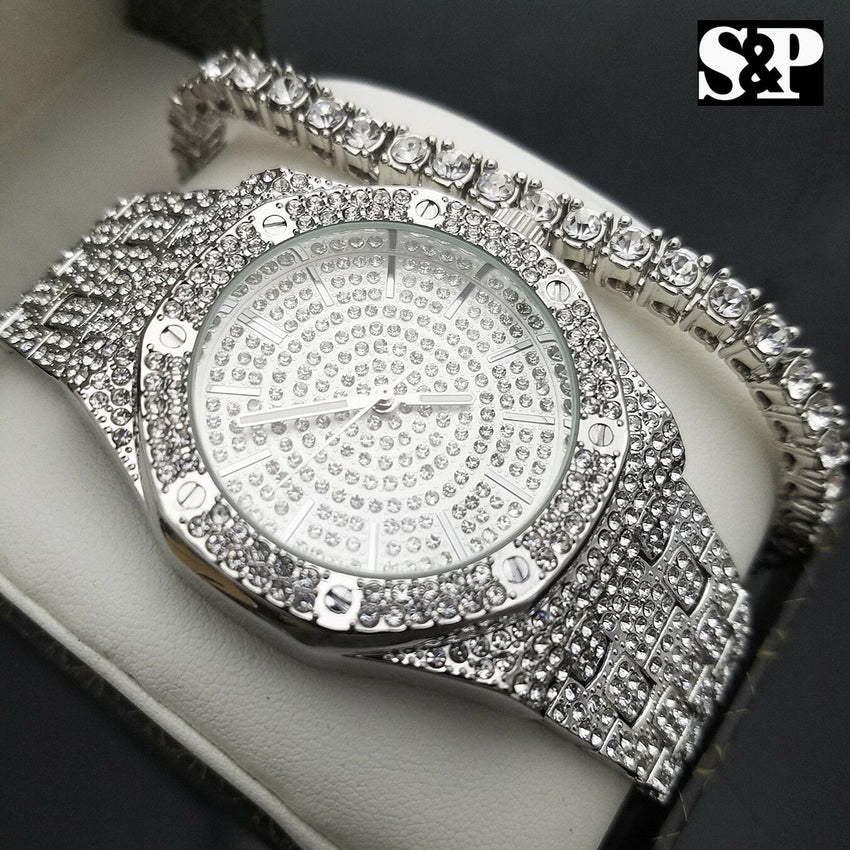 MEN'S HIP HOP WHITE GOLD PT LUXURY WATCH & 1 ROW TENNIS BRACELET COMBO GIFT SET