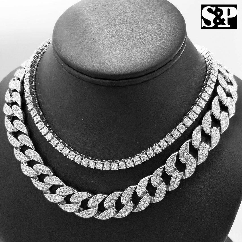 Hip Hop Quavo Choker 18" Full Iced Cuban & 1 ROW DIAMOND CHAIN & "D" Necklace