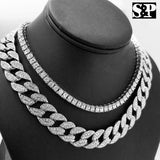 Hip Hop Quavo Choker 18" Full Iced Cuban & 1 ROW DIAMOND CHAIN & "D" Necklace