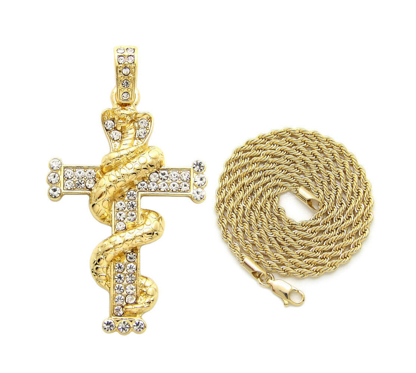Iced Out Snake wrapped Cross Pendant 24" Box, Cuban, Rope Chain Hip Hop Necklace