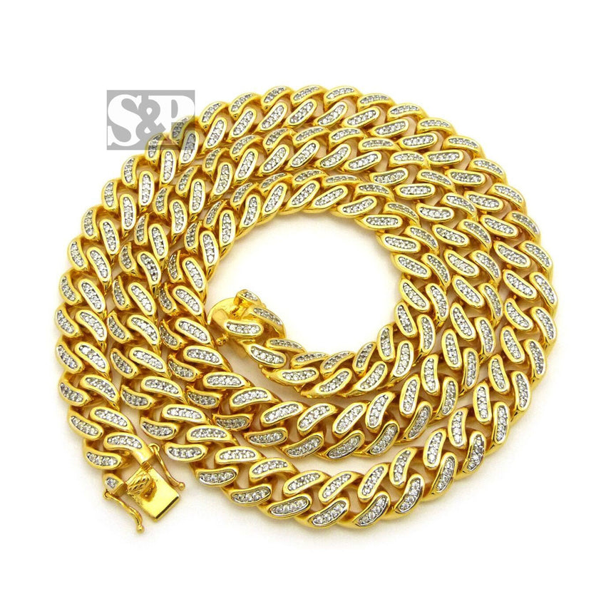Hip Hop Rapper Iced Out 17mm 30" Brass Gold Plated Miami Cuban Chain Necklace