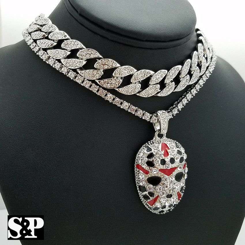 Hip Hop Slaughter Gang w/ 1 ROW DIAMOND & 18" Full Iced Cuban Choker Chain Set