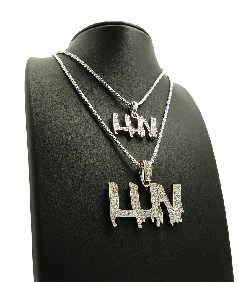 Hip Hop Iced out Pave Small & Big LUV Pendant 20",24" Box Chain 2 Necklace Set
