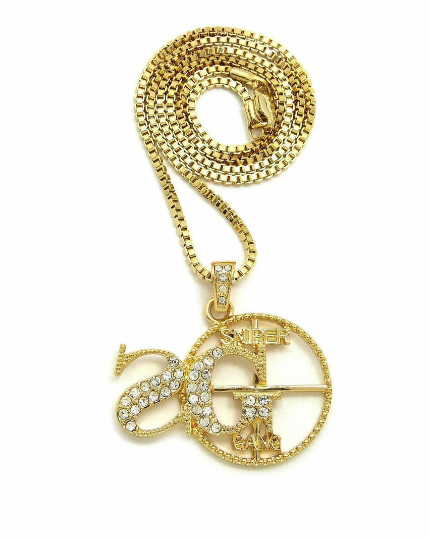 ICED OUT HIP HOP 'SG' SNIPER GANG PENDANT & 24" BOX, CUBAN, ROPE CHAIN NECKLACES