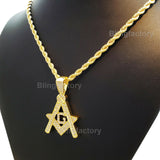 Hip Hop Iced out Masonic Freemason Pendant & 4mm 24" Rope Chain Necklace