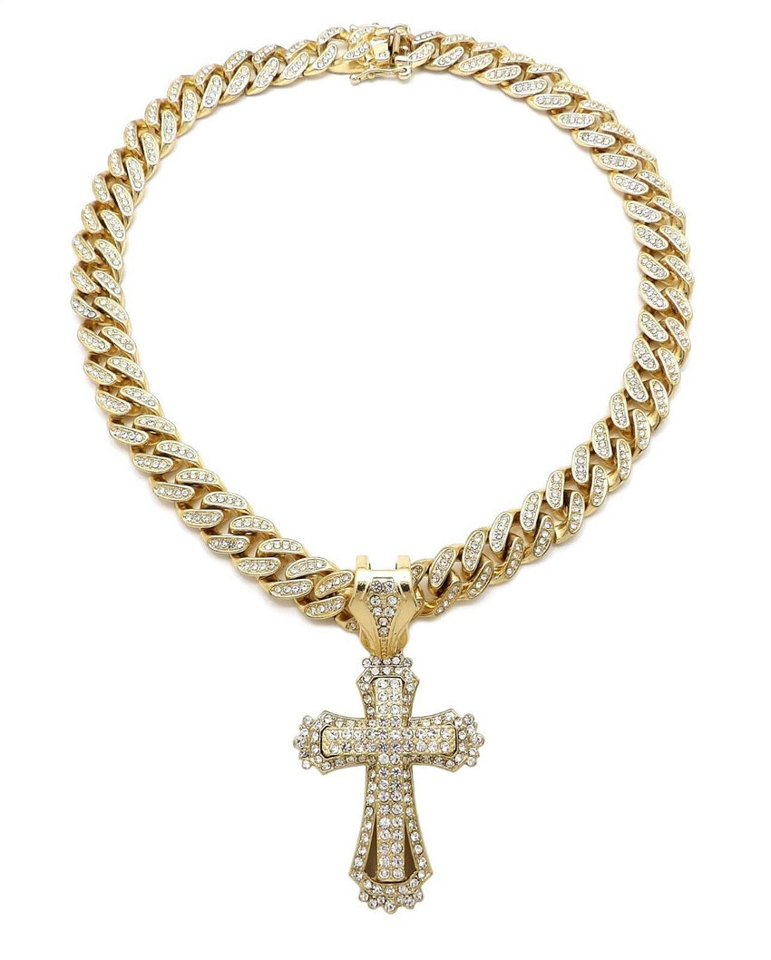 Hip Hop Cross Pendant & 12mm 18" Iced out Box Lock Cuban Choker Chain Necklace