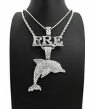 HIP HOP ICED OUT YOUNG DOLPH PRE & DOLPHIN PENDANT & 20", 24" CHAIN NECKLACE SET