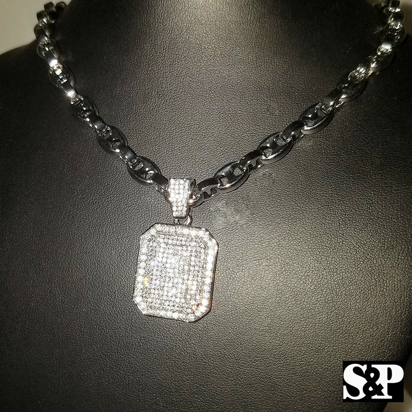 Hip Hop Iced out Silver PT Lab Diamond Square Pendant & 24" Gucci Chain Necklace