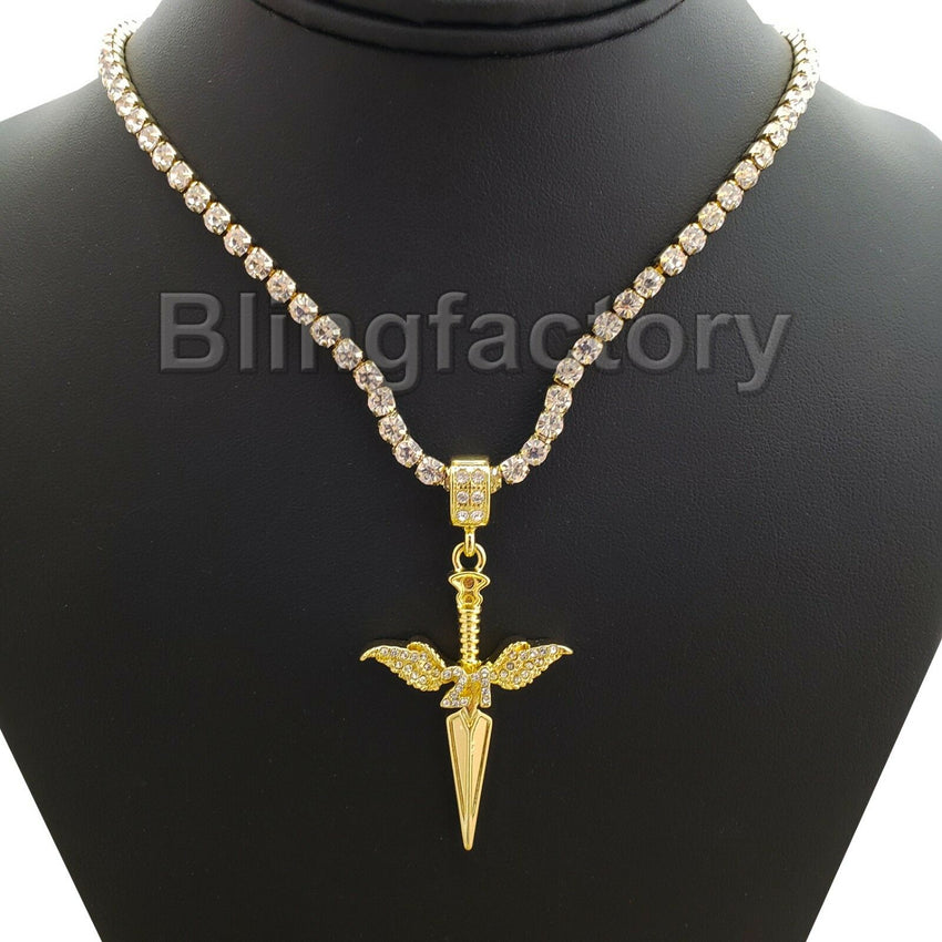 Hip Hop SAVAGE 21 SWORD Pendant & 1 Row Diamond Tennis Choker Chain Necklace