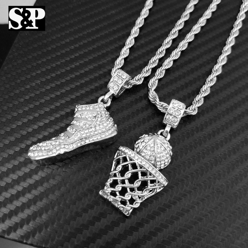 Hip Hop Iced Out JD SHOE & BASKETBALL Pendant & 24" Chain 2 Necklace Set