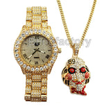 Iced Out 6ix9ine Saw Inspired Necklace & Hip Hop Gold plated Metal Watch Set