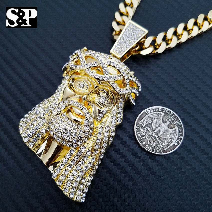 NEW HIP HOP GOLD ICED OUT JUMBO JESUS CZ PENDANT, 10mm 30" CUBAN CHAIN NECKLACE