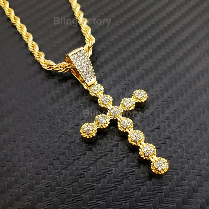 Hip Hop Iced out Bubble style Cross Pendant & 4mm 24" Rope Chain Necklace