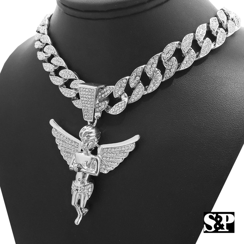 Hip Hop Bling Baby Angel Pendant & 18" Full Iced Cuban Choker Chain Necklace