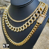 Hip Hop Lab Diamond Iced out 1 Row Tennis & Miami Cuban 3 Chain Necklace set