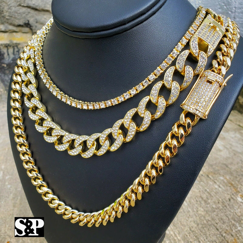 Hip Hop Lab Diamond Iced out 1 Row Tennis & Miami Cuban 3 Chain Necklace set