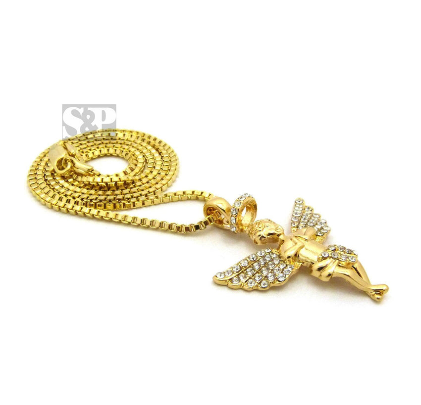 HIP HOP ICED CZ GOLD PLATED FLYING ANGEL PENDANT & 24" BOX CHAIN NECKLACE