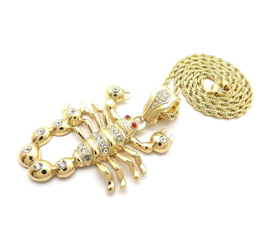 HIP HOP ICED OUT 14K GOLD PLATED SCORPION PENDANT & 4mm 24" ROPE CHAIN NECKLACE