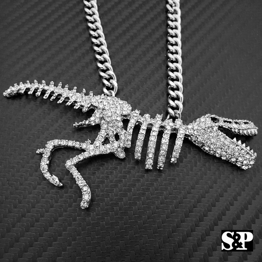Hip Hop Jewelry Iced T-REX Skeleton Pendant & 6mm 30" Cuban Chain Necklace