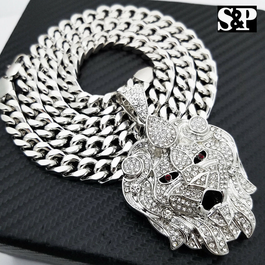 Silver PT Big Lion Head Pendant & 10mm 30" Cuban Heavy Chain Hip Hop Necklace